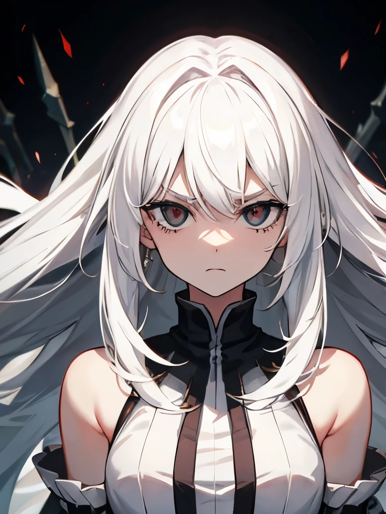 solo female,white hair long hair,pure white dress,stocky body,Scary angry expression,Blurry eyes,masterpiece, best quality,creepy face,black eye,dead eyes,human