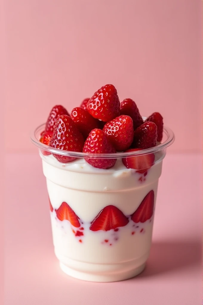 Fresh strawberry and yogurt in plastic cup size 12 oz
Vertical view