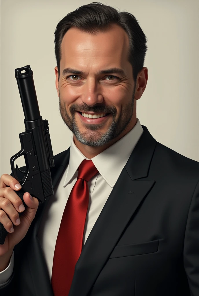 Hitman with hair
 Fair skin and good smile red tie and holding gun and flex remove beard