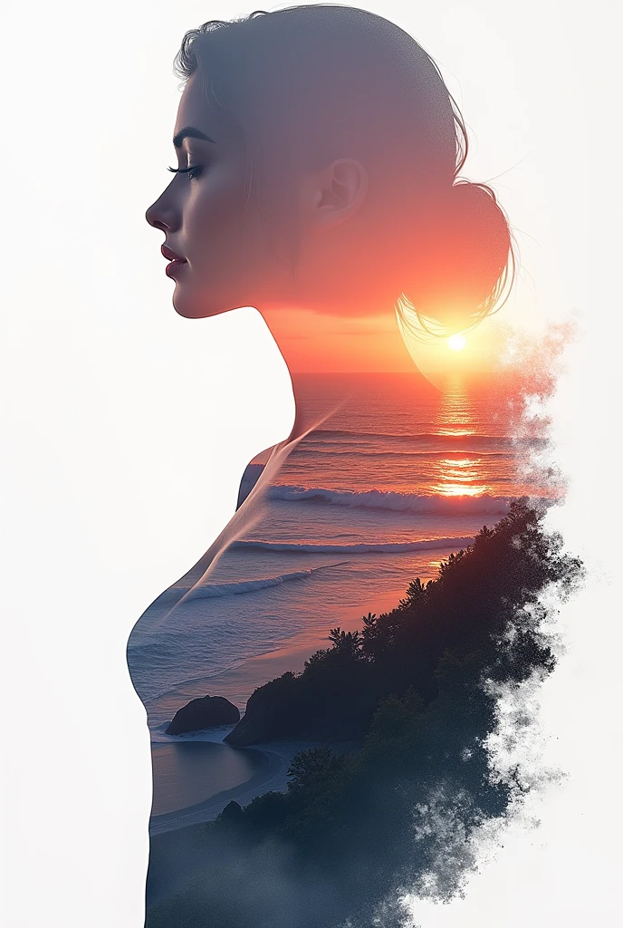 high quality, 8K Ultra HD, A beautiful double exposure that combines an goddess silhouette with sunset coast, sunset coast should serve as the underlying backdrop, with its details incorporated into the goddess , crisp lines, The background is monochrome, sharp focus, double exposure, by yukisakura, awesome full color,