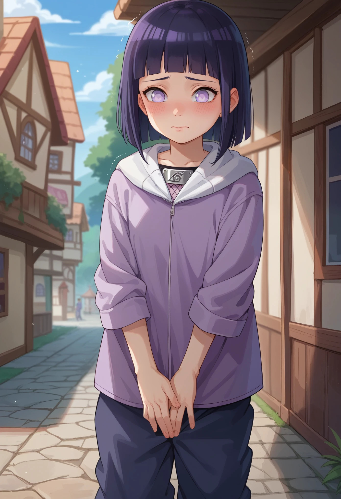 score_9, score_8_up, score_7_up, 1girl solo, (:1.5), kid, flat chest, oversized clothes, hinataSDXL, medium hair, black hair, purple eyes, skinny, white eyes, pants, purple jacket, hood, long sleeves, no pants, forehead protector, konohagakure symbol, hyuuga hinata, shaking, standing, blushing,nervous, happy, hands on crotch, looking down, tradicional village