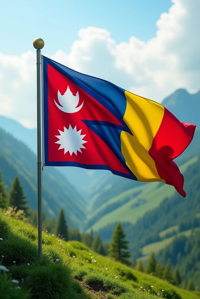 Nepalese flag and Romanian flag work destination. Flying abroad, green Europe 