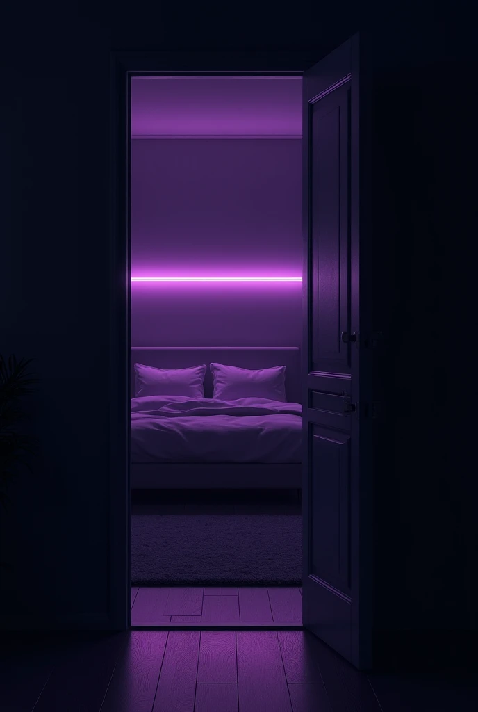 Image of an open bedroom door with a view of the bed. Dark room with purple LED