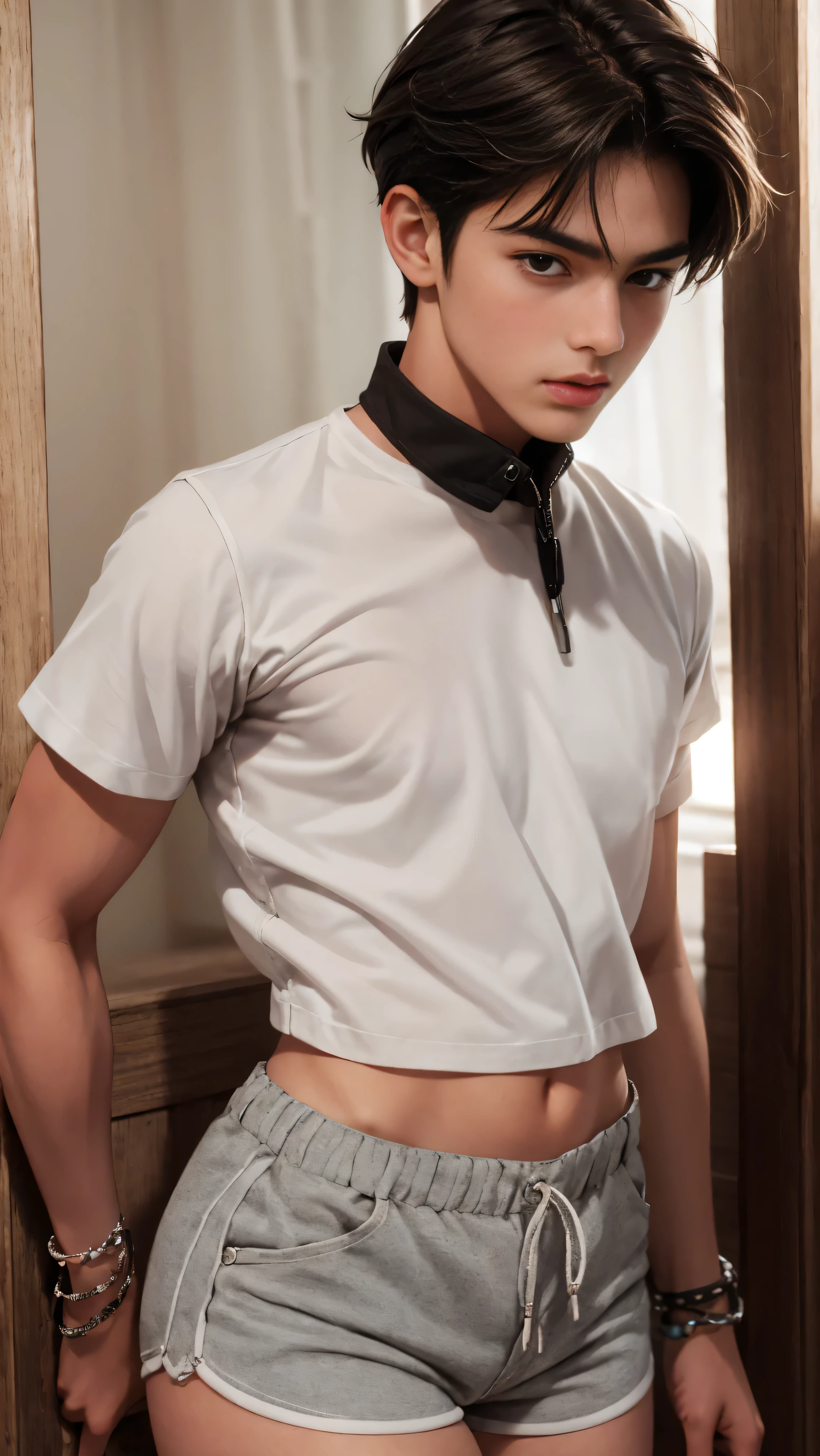 Handsome boy 18 years old, tanned, cute face, brown eyes, dark hair, bangs, wearing short sleeved cropped shirt and excessively short mini shorts, long slim legs, bracelets, flirtatious pose, hot summer, top quality