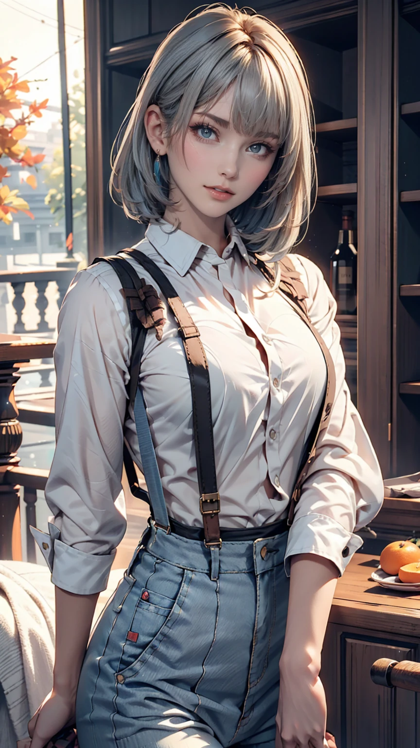 One girl, orange sleeves, Gray Hair, White skin, Light blue hair accessory, Blue suspenders, Blue clothes, Bright Blue Eyes, Barefoot, Double Knit