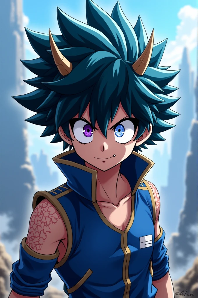 Blue haired boy half dragon,with a black streak in her hair,one eye white and the other dark purple,high,my hero academy style alpha