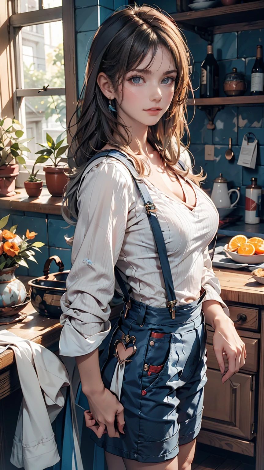 One girl, orange sleeves, Gray Hair, White skin, Light blue hair accessory, Blue suspenders, Blue clothes, Bright Blue Eyes, Barefoot, Double Knit