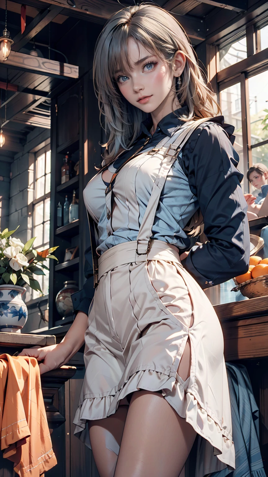 One girl, orange sleeves, Gray Hair, White skin, Light blue hair accessory, Blue suspenders, Blue clothes, Bright Blue Eyes, Barefoot, Double Knit