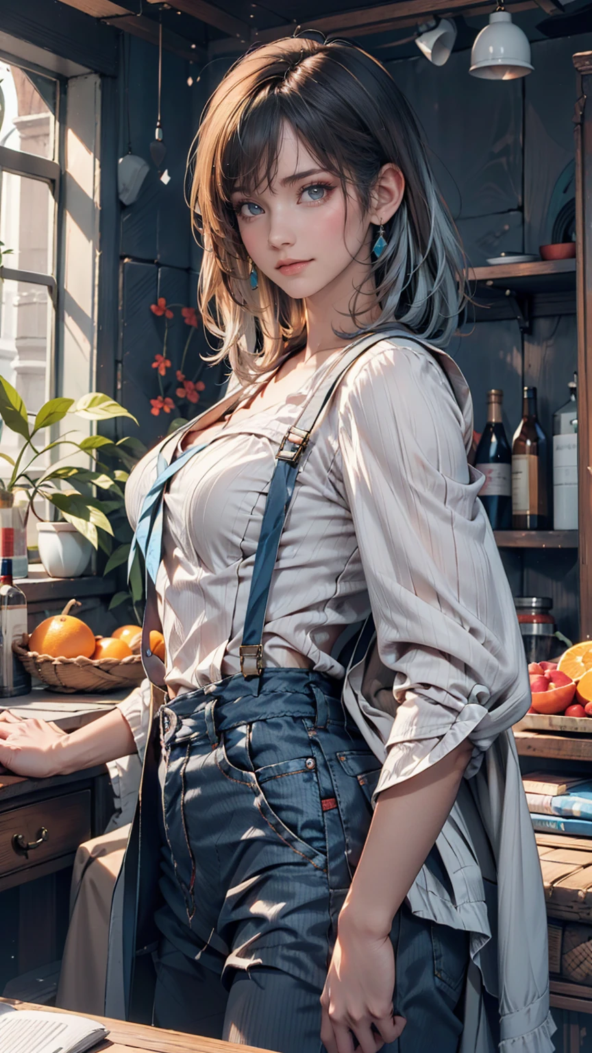 One girl, orange sleeves, Gray Hair, White skin, Light blue hair accessory, Blue suspenders, Blue clothes, Bright Blue Eyes, Barefoot, Double Knit