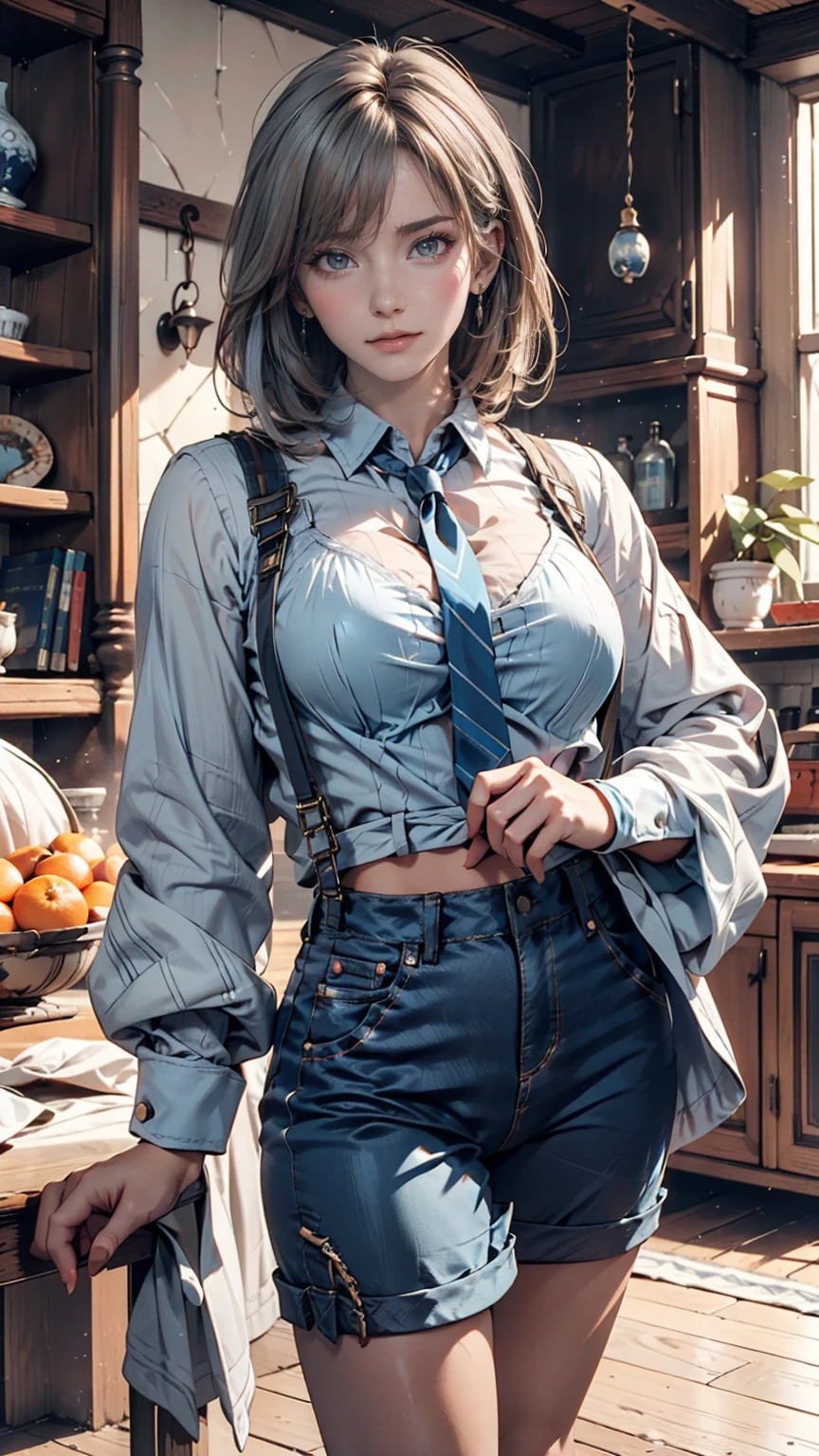 One girl, orange sleeves, Gray Hair, White skin, Light blue hair accessory, Blue suspenders, Blue clothes, Bright Blue Eyes, Barefoot, Double Knit