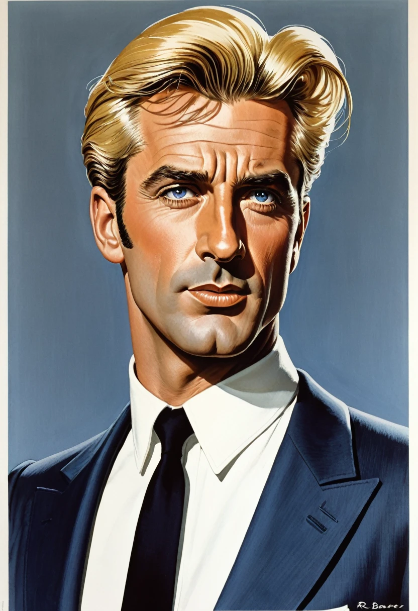 Haute qualité, qualité professionnelle, Très détaillé, haute résolution, réaliste, style bande dessinée, illustration, Style de bande dessinée des années 90, homme européen, Robert Parr (Mr. Indestructible), blond, yeux bleus. Style 1950's Super Panavision 70.
