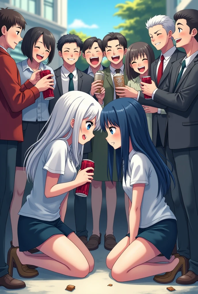 Checkpoint Two girls kneeling in front of a company, one is white hair, blue eyes and the other is blueish black hair, dark green eyes, People around him throw their drinks at him, while laughing.