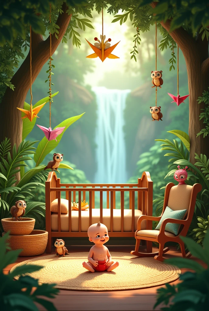 Generate a jungle theme baby nursery with beautiful setting