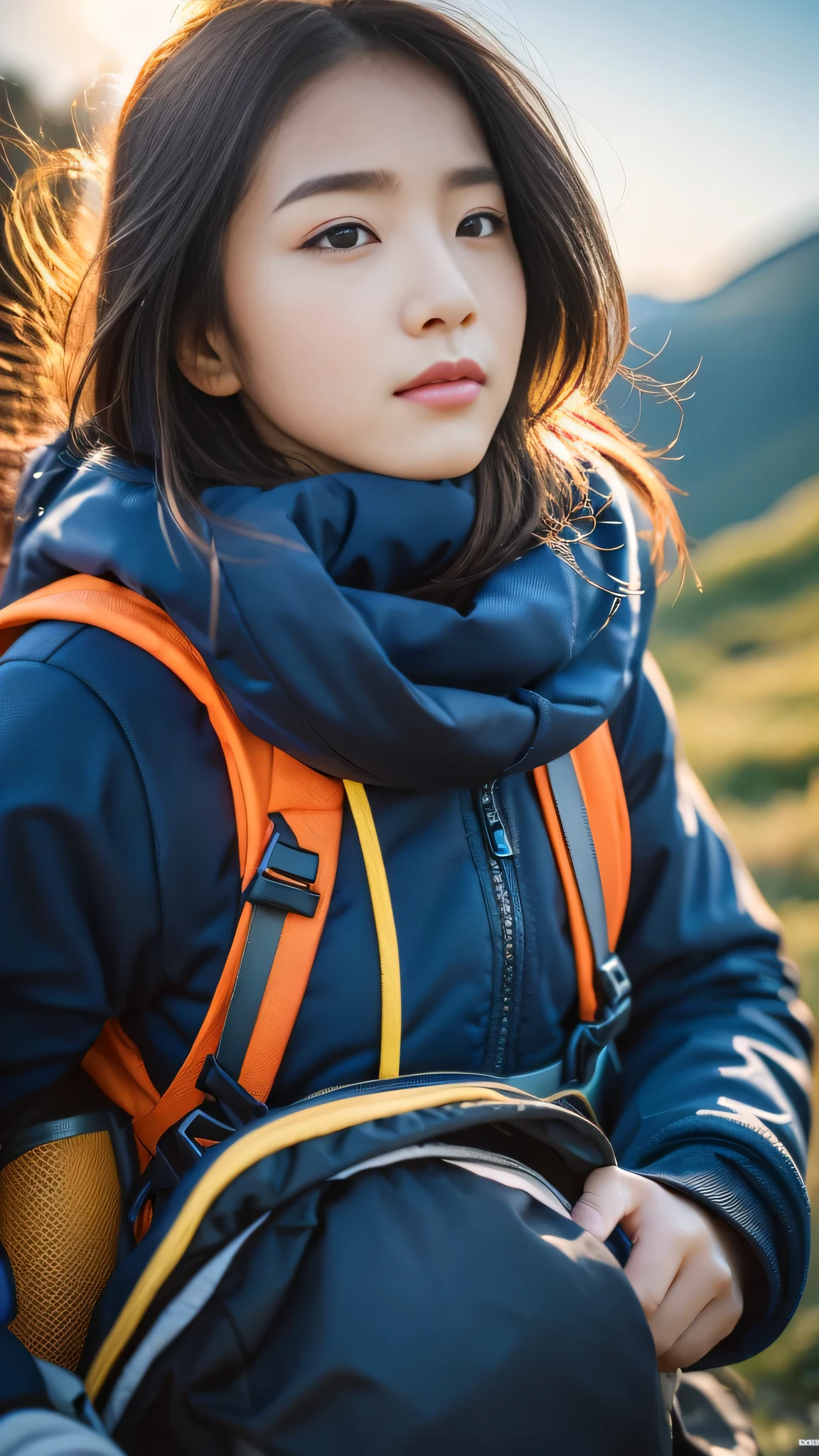 (masterpiece, top quality, 8K wallpaper, high resolution, ultra-realistic scenery), 1girl, solo, realistic face, glossy skin, angle is a little far away, front, slender figure: 1.1, black eyes, wearing patagonia wear, trekking pants, carrying white backpack: 1.2, mountain girl style, backpacker, mountaineer, beautiful morning sun on background, Trekking shoes, detailed face, detailed eyes, detailed nose, detailed mouth, big black pants, face out of sleeping bag