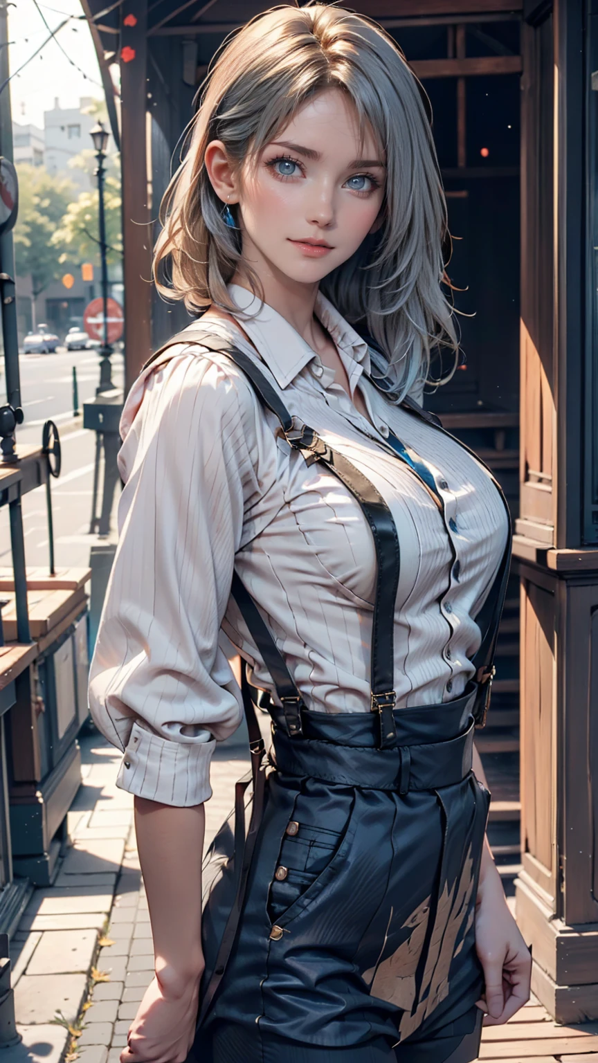 One girl, orange sleeves, Gray Hair, White skin, Light blue hair accessory, Blue suspenders, Blue clothes, Bright Blue Eyes, Barefoot, Double Knit