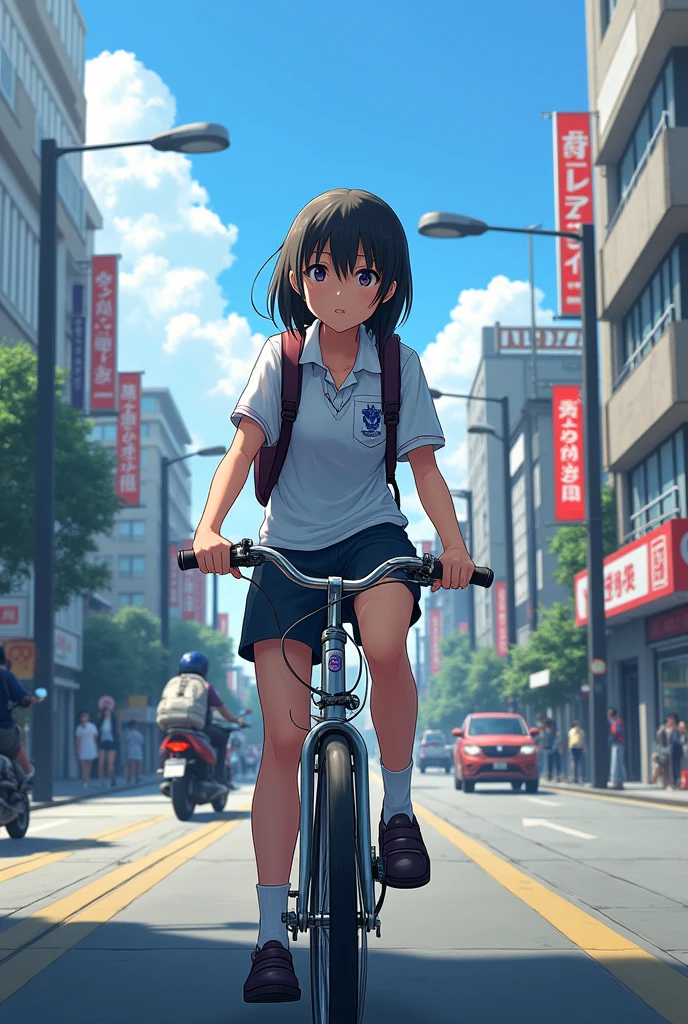 A young Japanese student riding a bicycle