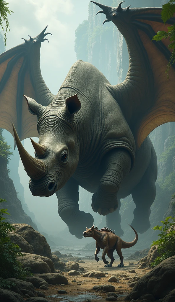 Realistic rhino and dragon in one picture 