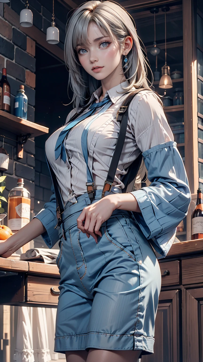 One girl, orange sleeves, Gray Hair, White skin, Light blue hair accessory, Blue suspenders, Blue clothes, Bright Blue Eyes, Barefoot, Double Knit