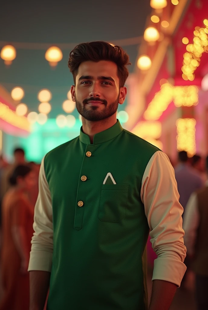 a handsome yound pakistani man standing. He is dressed in a traditional Pakistani outfit of green and white, embodying the essence of "Jash e Azadi." The background with blur lights and celebrations representing the festive spirit of independence. ..