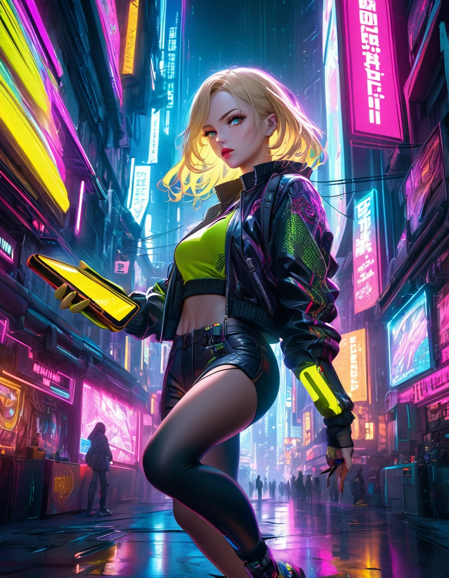 a cyberpunk girl Blond hair, serious indifferent expression, with a phone in her hand, beautiful detailed eyes, beautiful detailed lips, extremely detailed face, long eyelashes, intricate futuristic cyberpunk city background, neon lights, dynamic pose, vibrant colors, 8k, best quality, Full body,photorealistic, cinematic lighting, hyper detailed