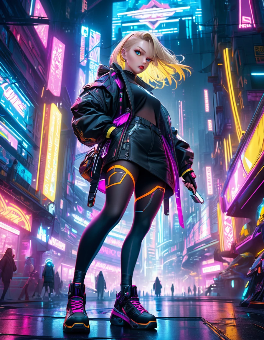 a cyberpunk girl Blond hair, serious indifferent expression, with a phone in her hand, beautiful detailed eyes, beautiful detailed lips, extremely detailed face, long eyelashes, intricate futuristic cyberpunk city background, neon lights, dynamic pose, vibrant colors, 8k, best quality, Full body,photorealistic, cinematic lighting, hyper detailed