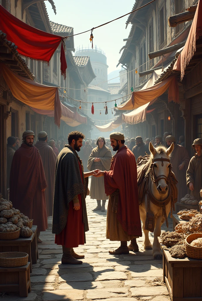 Trade in Middle Age. Merchants selling their Handmade products. People loaded their goods on horse and donkeys. Wearing old fashioned clothes by Marchents and common people. Super Realistic.