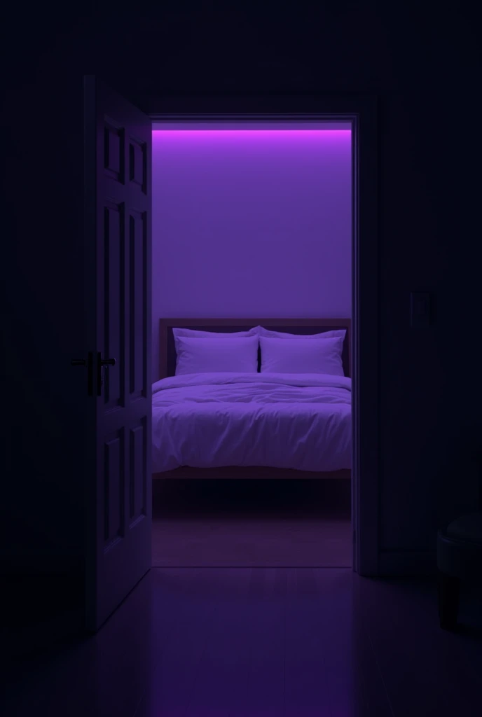 Image of an open bedroom door with a view of the bed. Dark room with purple LED. Make this same image but square