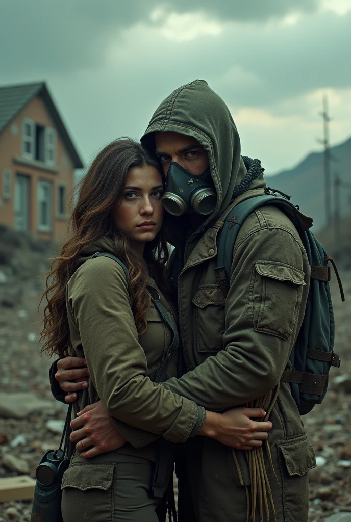 an image of a couple struggling to survive in a post-apocalyptic world devastated by nuclear war. They should appear worn and battle-hardened, wearing makeshift protective gear, such as tattered clothing and gas masks. The couple should be huddled together in a desolate, irradiated wasteland, surrounded by ruined buildings, barren landscapes, and a sky filled with ominous clouds. The mood should be tense and somber, reflecting their determination to protect each other while facing the harsh realities of their world