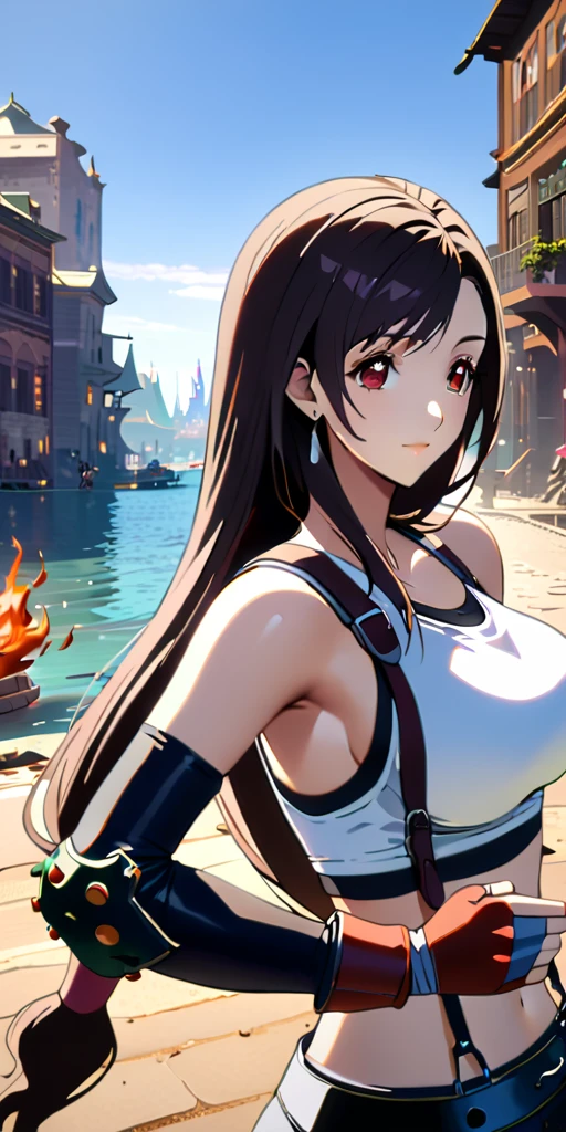 (((((tifa lockhart,Final Fantasy 7:1.5))))),((Highest quality、masterpiece、anime style、best quality、high resolution、8k、detailed、ultra-detailed:1.3))、Long legs:1.2, Beautiful woman with perfect figure:1.4、(Smiling:1.2), double eyelid、30-year-old female、((((One Woman,beautiful face,Beautiful face、Outdoor,upper body:1.5)))),Big Breasts、High resolution, accurate, Anatomically correct, High-resolution model, high quality, Very detailed, Ultra high definition、Black Hair、Straight Hair、Long Hair,Red open finger gloves,(Uplifting、action、contrapposto pose、dynamic、dynamicポーズ、dynamic motion:1.5)、(((((speed lines、action lines,movement,dynamism:1.0)))))、(water)
,effect
