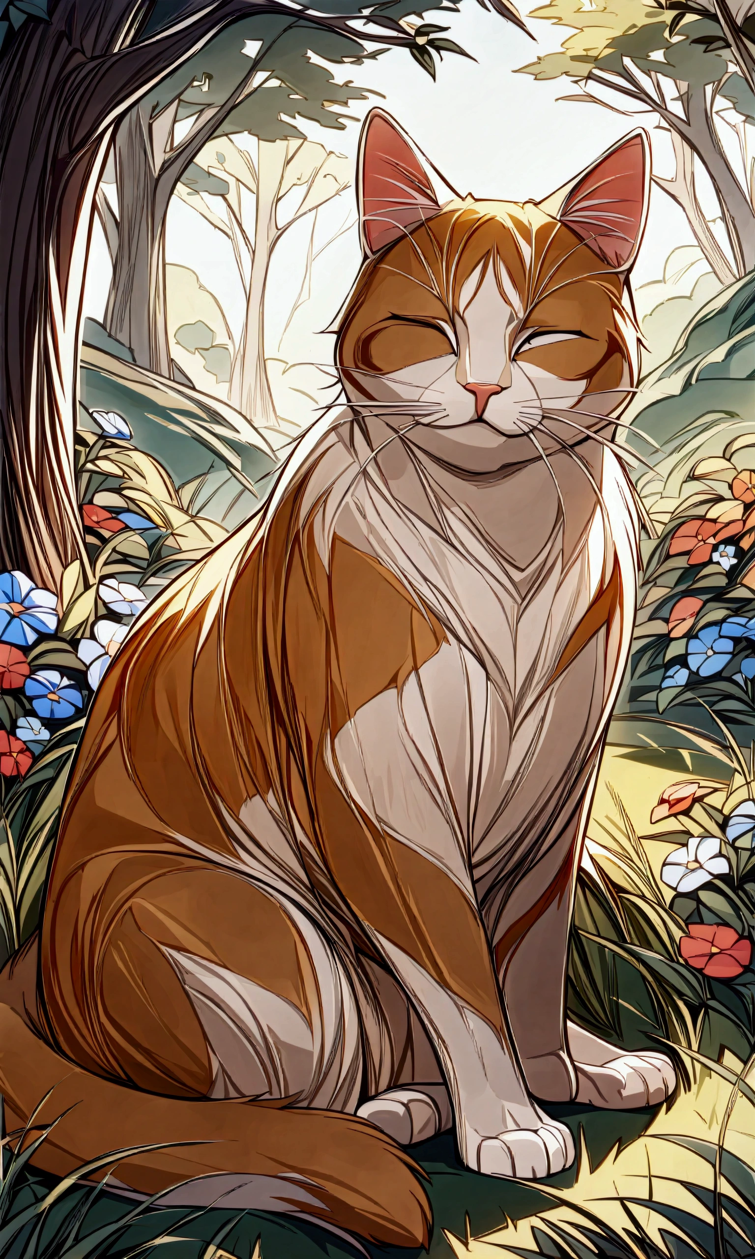 anime aestetics, anime scenery, epic styles, digital art, extra detailed digital art, wallpaper, a young cat lying next to the little blue verry bush, cat's fur is black, white and brown, summer time, short green grass, little flowers, tree base behind the cat, short fur, closed eyes, peaceful atmosphere, heroic fantasy aestetics, dungeons and dragons, wide shot, perspective, atmospheric perspective, 16k, highres, award winning, best quality, high details, super detail, UHD, masterpiece
