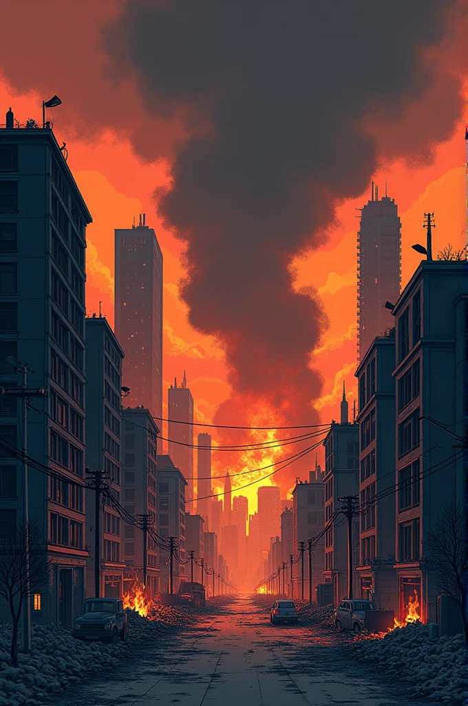 I want a background of a city destroyed by a war that is on fire from an explosion and with destroyed buildings, but the background style is simple manga anime