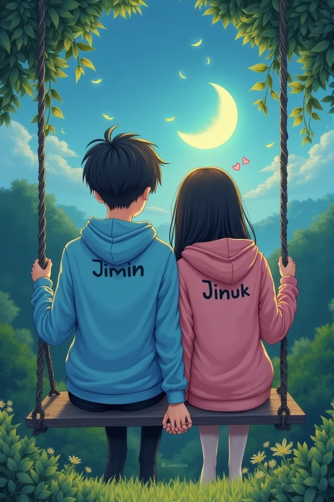there are 20 Year old couple sitting of front on a swing in the beautiful greenery view, wearing a sky blue and pink hoodie, boy with name JIMIN, write on it girl with name JINUK, write on it lovely couple, sitting on a moon, heart emoji, holding hands in the moonlight realistic art painting detail photo