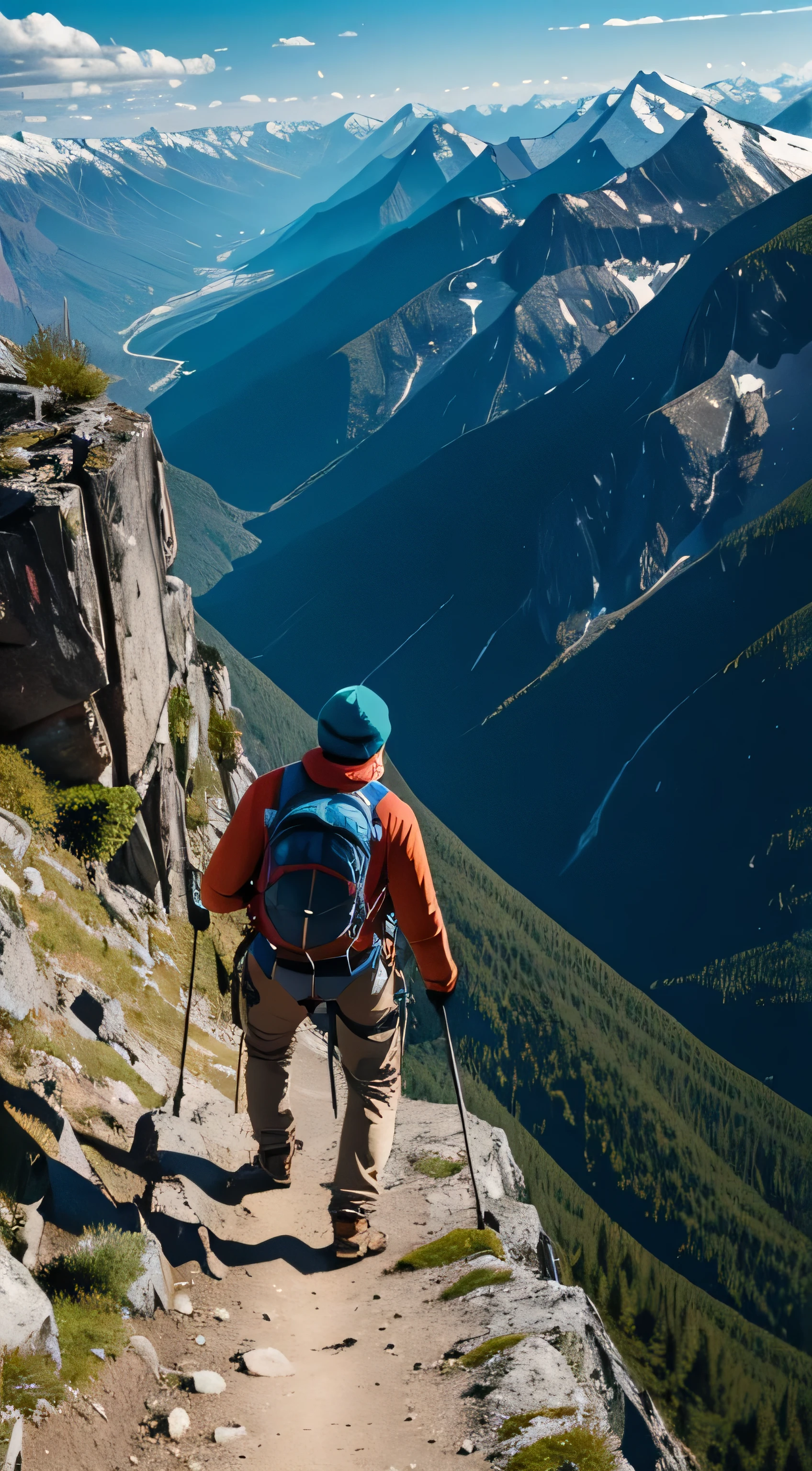 A bird's-eye view reveals a lone hiker's relentless climb up a steep mountain path, mirroring our ability to persevere and surmount life's challenges, much like the towering mountains that surround them.