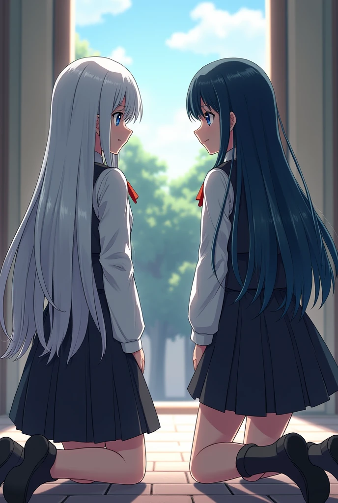 Checkpoint Two girls kneeling in front of a company, one is white hair, blue eyes and the other is blueish black hair, dark green eyes.
