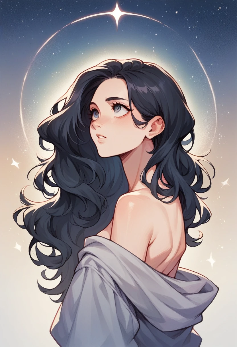 A girl with medium-long, slightly wavy black hair is looking up at the starry sky.、An image taken from a distance that shows the whole body