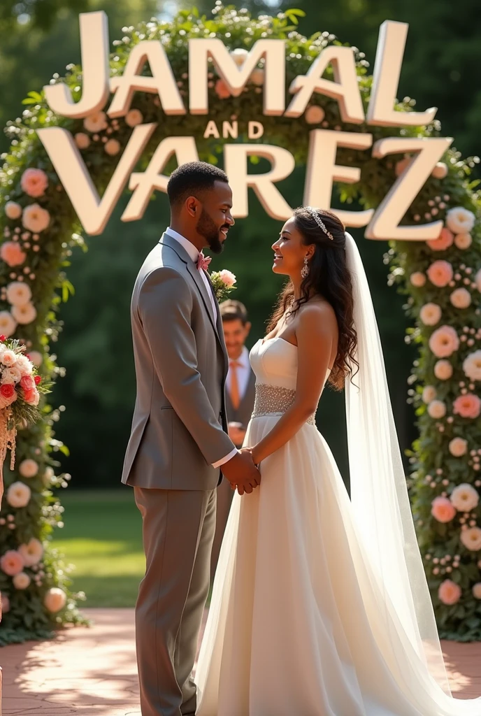 Make a picture of a gay couple getting married, they are wearing dresses. Behind them is written in big letters "Jamal and Varez"