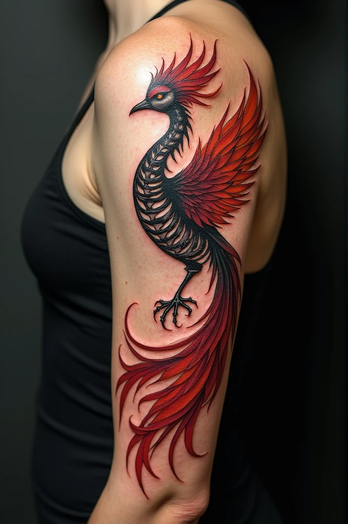 Phoenix bird with half of the body in bones tattoo