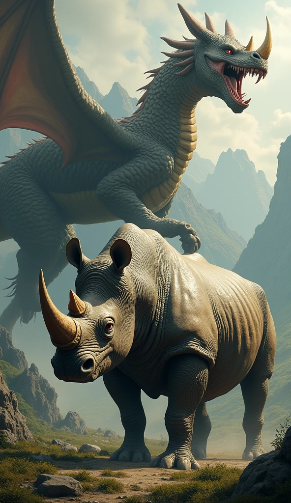 Realistic rhino and a dragon in one picture
