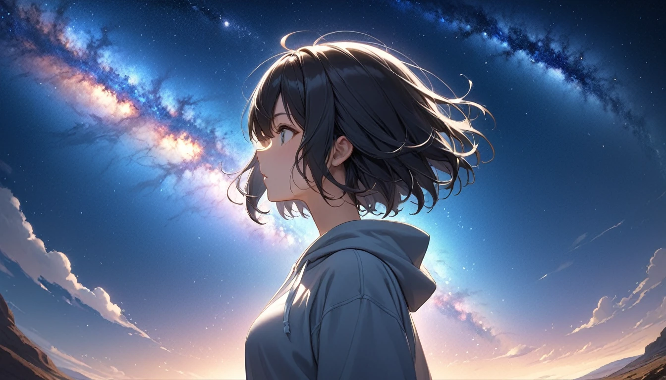 Starry Sky、milky way、One woman、Black Hair、Short Hair、Hair blowing in the wind、profile、Wearing a hoodie、Back view、Upper Body、Low - Angle