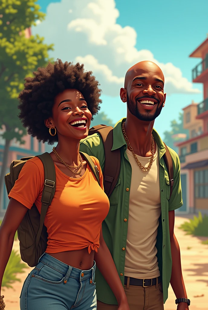 Happy black couple traveling. The bald man is thin and the woman is chubby. 