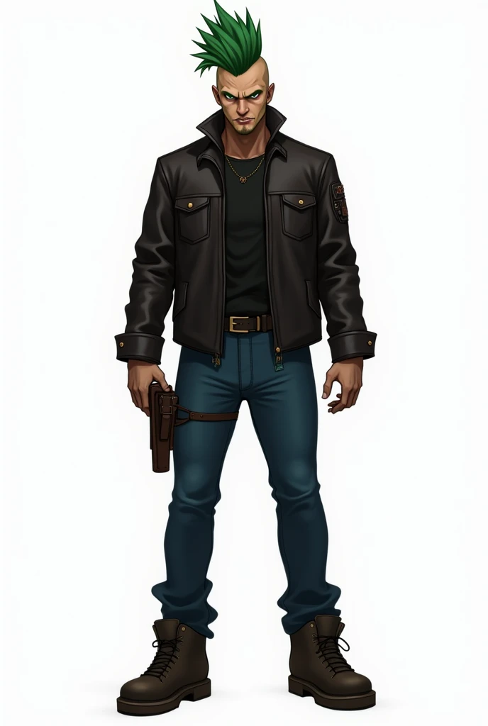 Dark Simple Serious Art, character front full body standing, just the character in the image, grown-up, plain white background, green mohawk, greeneyes, leather jacket, blue jeans, suntanned