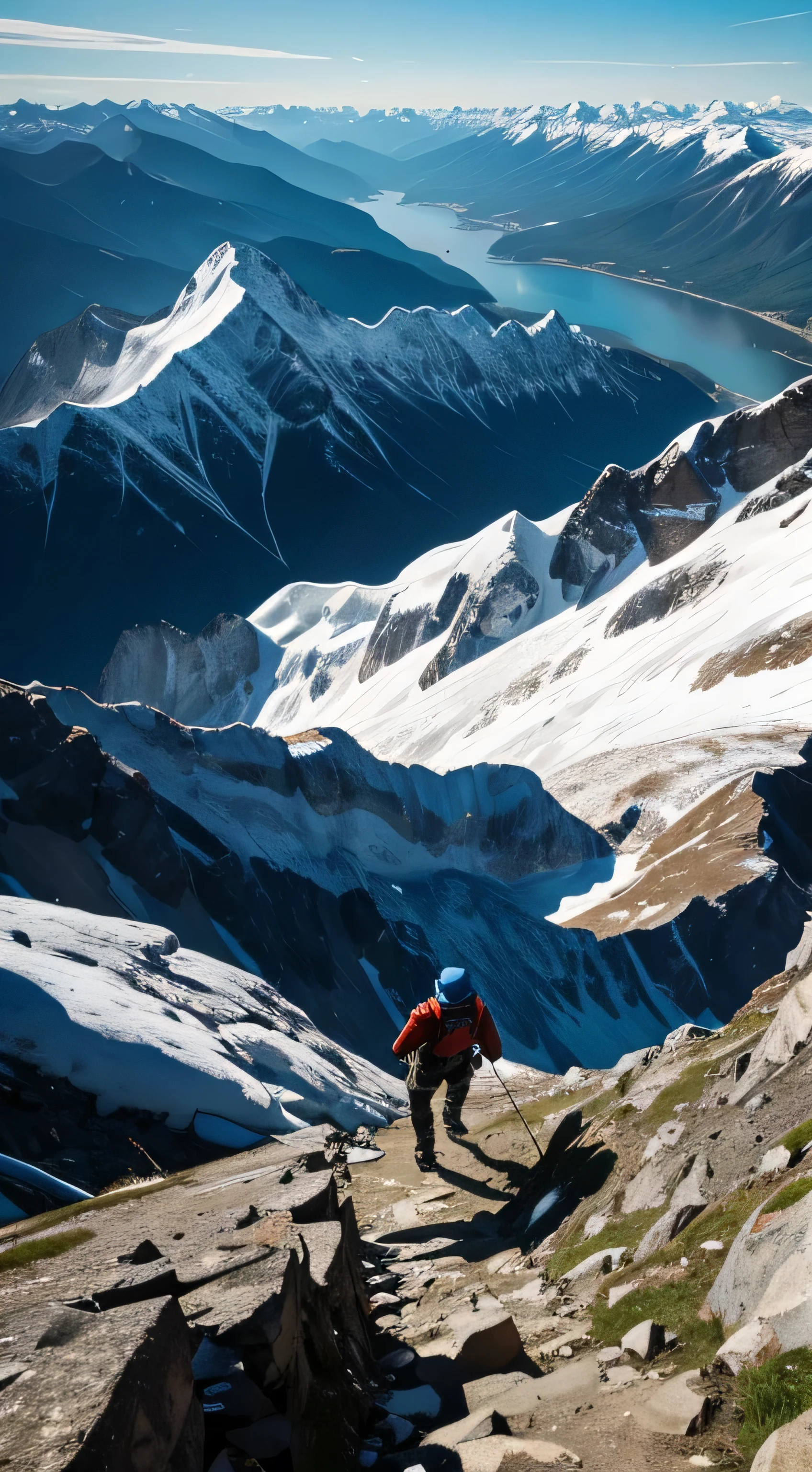 A bird's-eye view reveals a lone hiker's relentless climb up a steep mountain path, mirroring our ability to persevere and surmount life's challenges, much like the towering mountains that surround them.