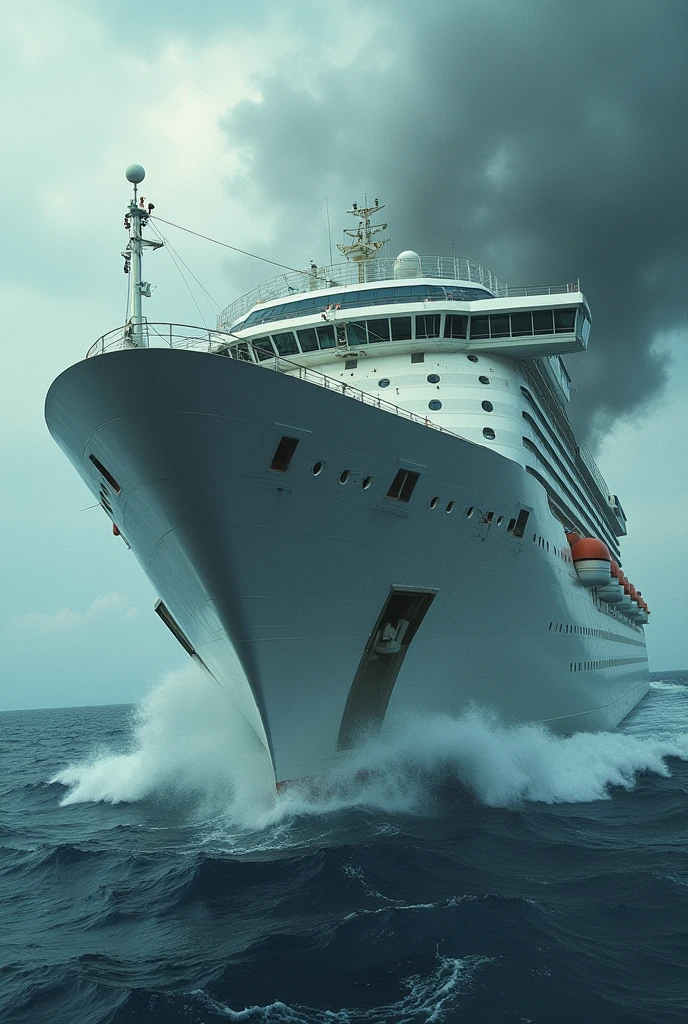Cruise ship destroyed by storm with two people crashing into a mast, a blonde and a redhead