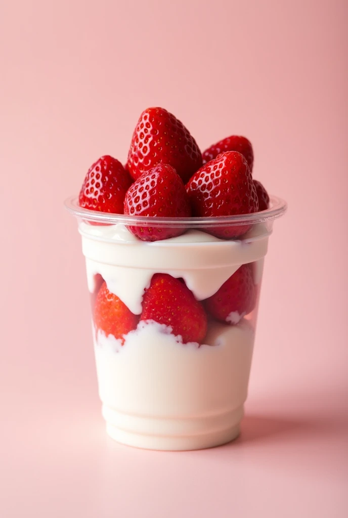 Fresh strawberry 90% of cup and Greek yogurt 10% of cup in plastic cup size 12 oz Vertical view 