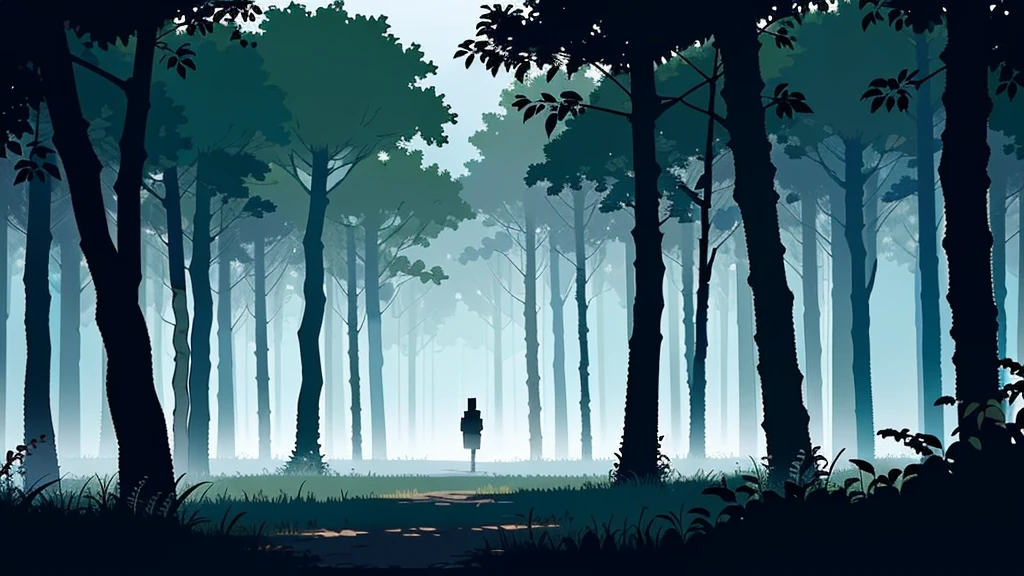 (top quality, high quality, highly detailed, masterpiece), pixel art background of a misty jungle path for a 2D game. The path should wind through a dense forest with tall, pixelated trees and thick undergrowth on either side. The scene should be enveloped in soft, pixelated fog that partially obscures the view, creating a sense of mystery and danger. Include pixel animations like the movement of the fog, rustling pixelated leaves, and distant, glowing pixel eyes peeking out from the shadows. Use a color palette of dark greens, soft grays, and eerie blues in pixelated form to create an ominous yet intriguing atmosphere.