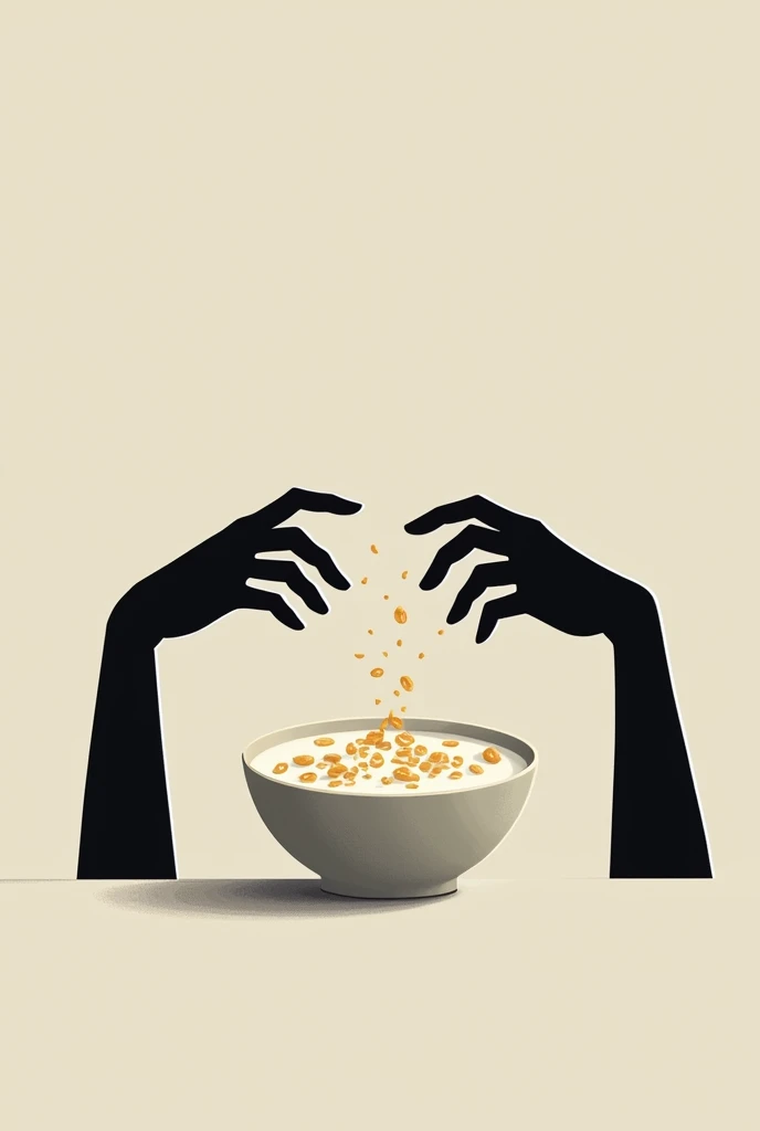 Make me a digital illustration for the book. a bowl of milk and cereal, two black silhouettes of hands standing on the table of a man and a woman.