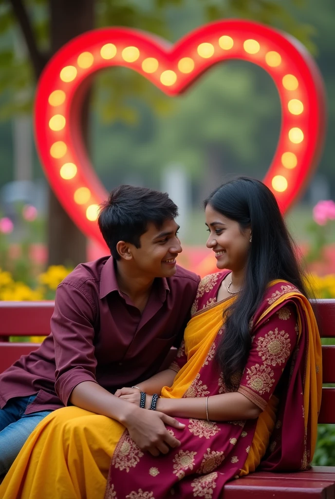 20 years old girl is sitting on red colour banch in a beautiful park and 20 year old boy is lying on girl lap looking each other with smile in love Park, littel down in your wast, beautiful big 3d lighting love hart in background, beautiful flowers in park. boy wearing maroon shirt. The girl wearing maroon and yellow flowers printed sari, with smart watch, with name "khushi & Abhi" written on hart. they are looking so Pretty, cute, indian, beautiful chest. High quality 4k pictures”