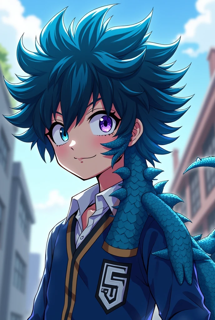 Blue haired boy half dragon,with a black streak in her hair,one eye white and the other dark purple,high with BNHA style and uniform
