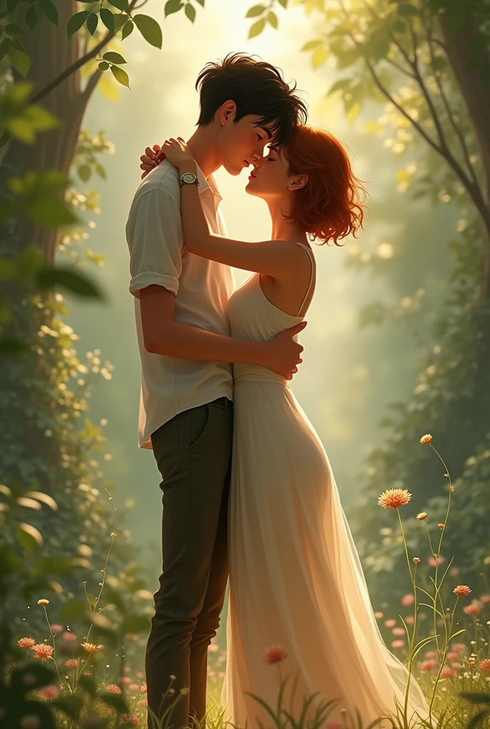 a tall, thin, white boy kissing a tall girl with cinnamon-colored skin and short, wavy hair and the girl hugs him
