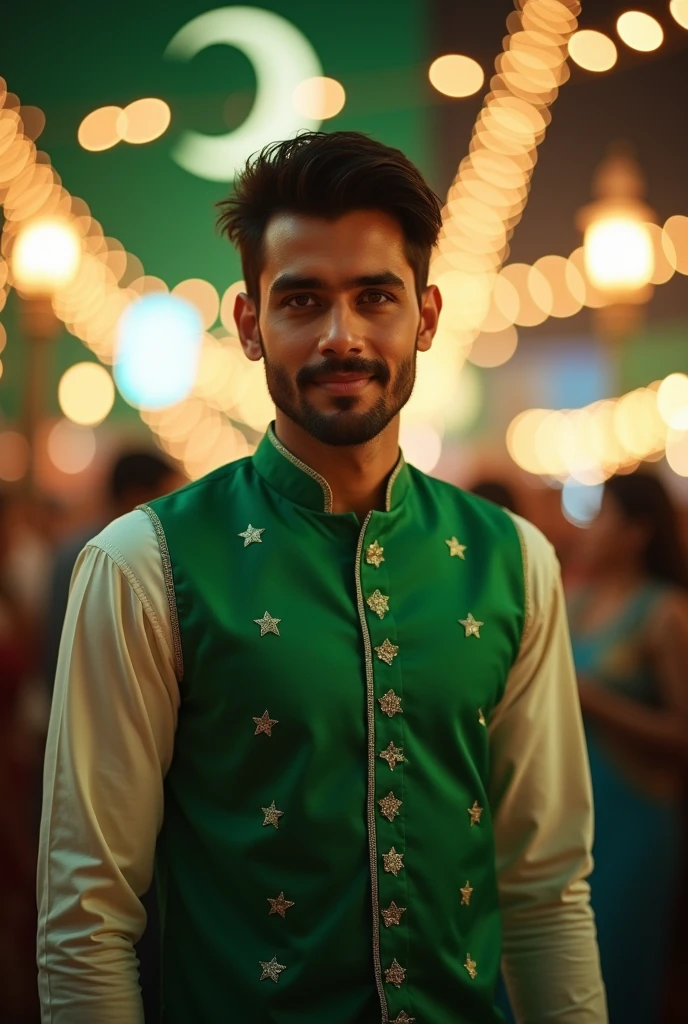  a handsome young pakistani man,He is dressed in a traditional Pakistani outfit of green and white, embodying the essence of "Jash e Azadi." The background with blur lights and celebrations representing the festive spirit of independence. .. 
